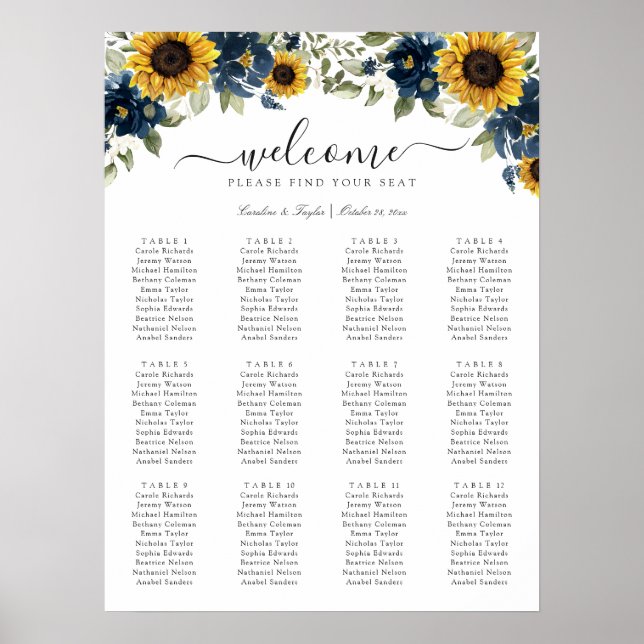 Sunflowers Floral Navy Blue Wedding Seating Chart (Front)