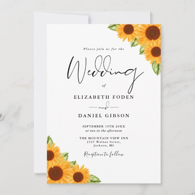 Sunflowers Floral QR Code Script Wedding Invitation (Front)