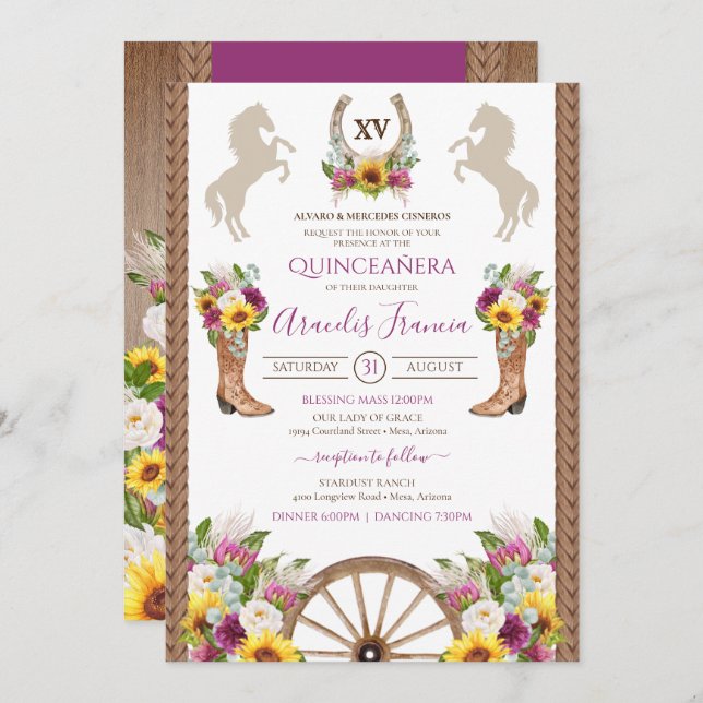 Sunflowers Floral Rustic Charro Quinceanera Invita Invitation (Front/Back)