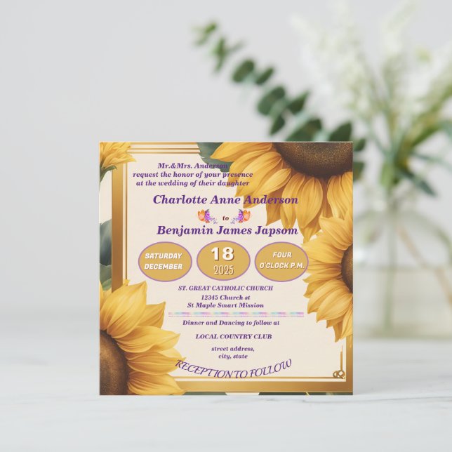 Sunflowers floral wedding invitation (Standing Front)