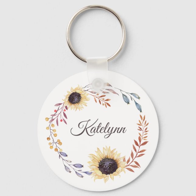 Sunflowers Floral Wreath Personalised Key Ring (Front)