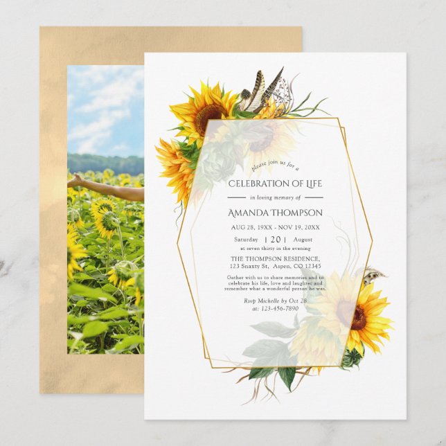 Sunflowers Geometric Celebration of Life Photo Invitation (Front/Back)