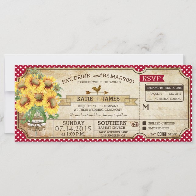 Sunflowers Gingham Check Country Picnic Wedding Invitation (Front)