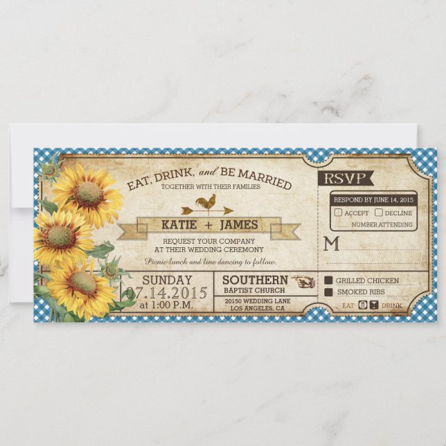 Sunflowers Gingham Check Country Picnic Wedding Invitation (Front)