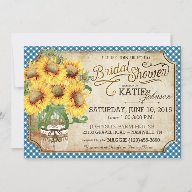 Sunflowers Gingham Country Picnic Bridal Shower Invitation (Front)