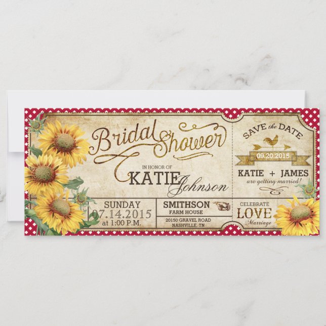 Sunflowers Gingham Country Picnic Bridal Shower Save The Date (Front)