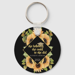 Sunflowers Glitter Graduate Cap Beverage Coaster Key Ring
