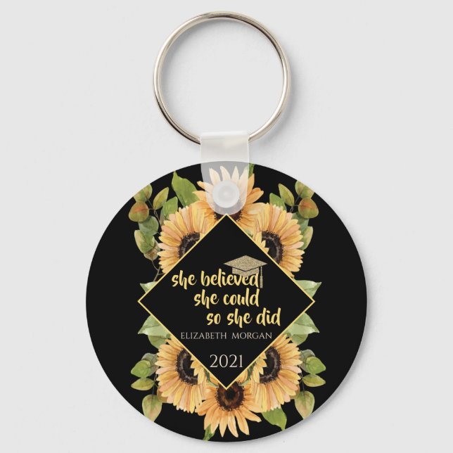 Sunflowers Glitter Graduate Cap Beverage Coaster Key Ring (Front)