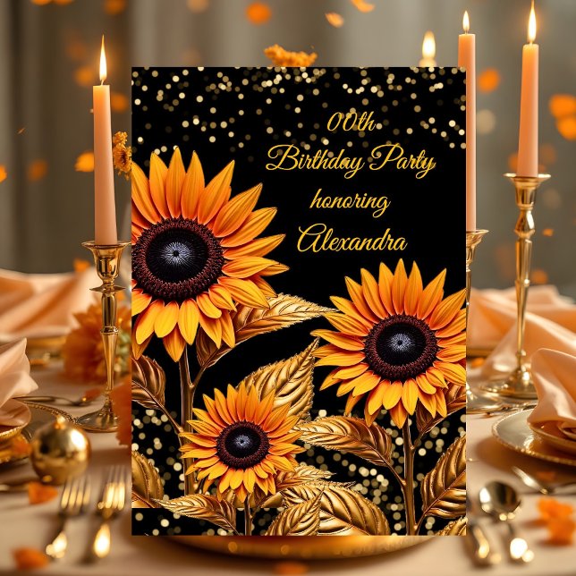 Sunflowers Glitter Orange Gold Black Birthday Invitation (Creator Uploaded)