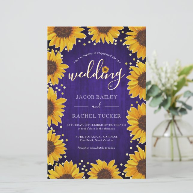 Sunflowers Gold Dots Blue Wood Wedding Invitation (Standing Front)