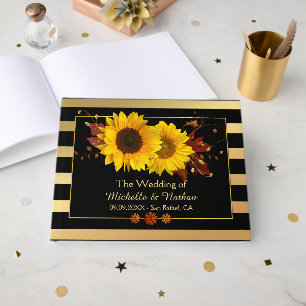 Sunflowers Gold Striped Wedding Guest Book