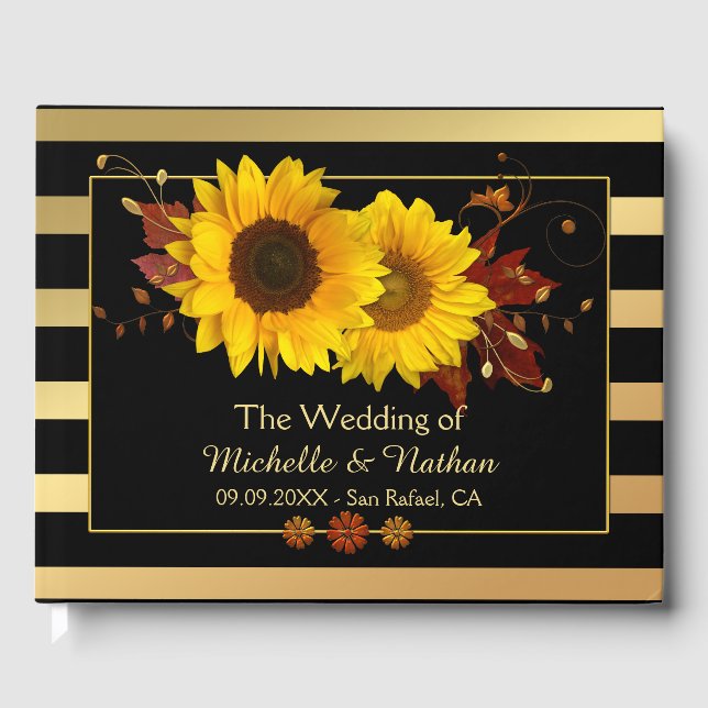 Sunflowers Gold Striped Wedding Guest Book (Front)