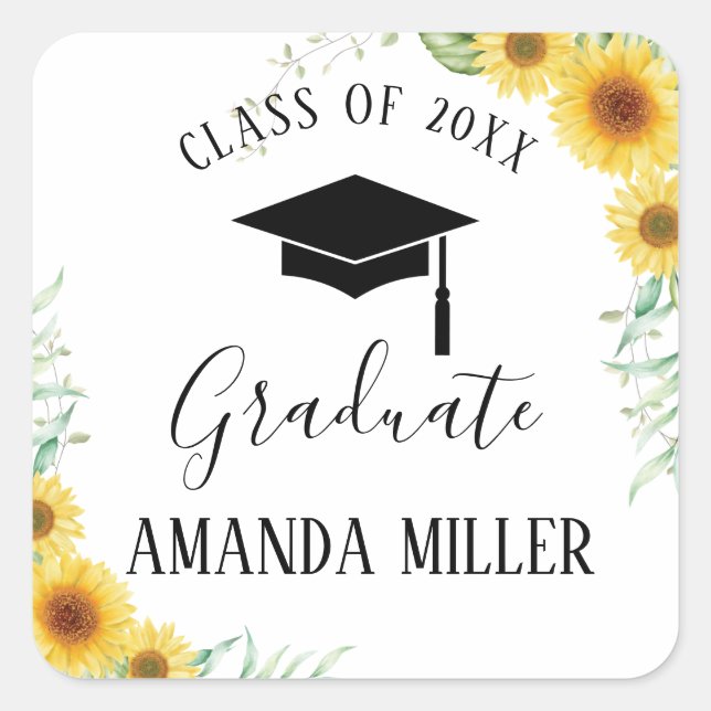 Sunflowers Graduation personalised Square Sticker (Front)