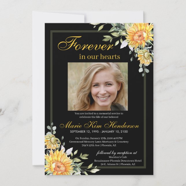 Sunflowers Greenery Black White Memorial Funeral Invitation (Front)