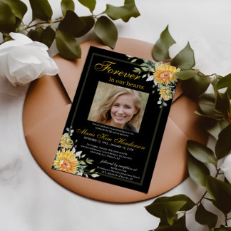 Sunflowers Greenery Black White Memorial Funeral Invitation