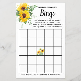 Sunflowers Greenery Bridal Shower Bingo Game Card