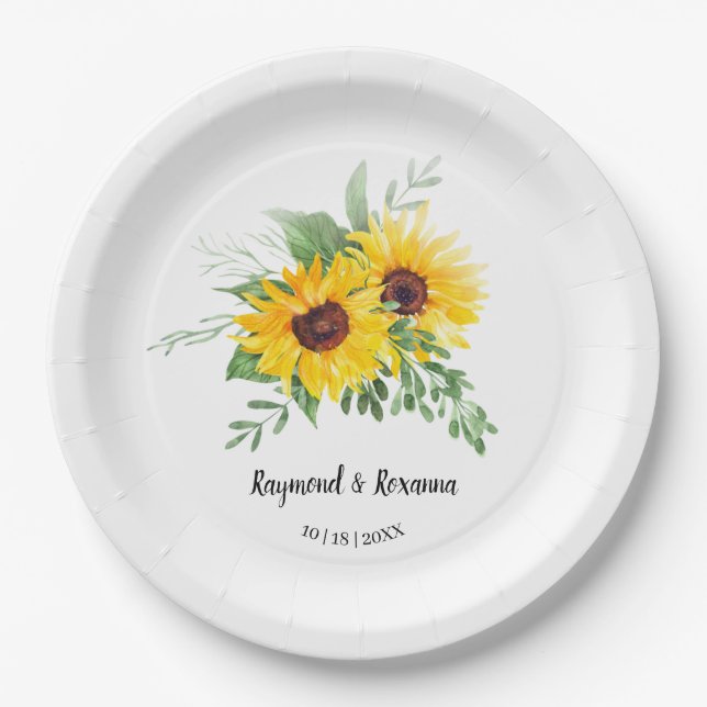 Sunflowers Greenery Bridal Wedding Reception Paper Plate (Front)