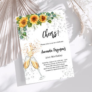 Sunflowers greenery cheers bubbles birthday invitation