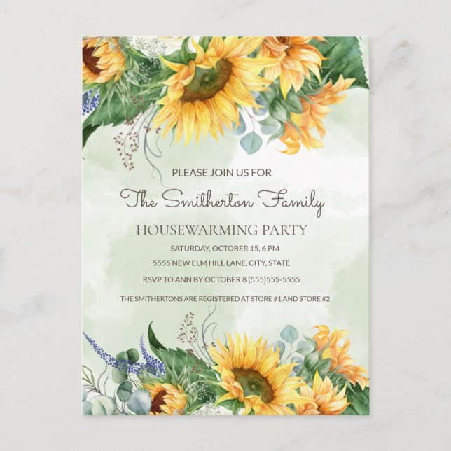 Sunflowers Greenery Country Housewarming Party Postcard (Front)