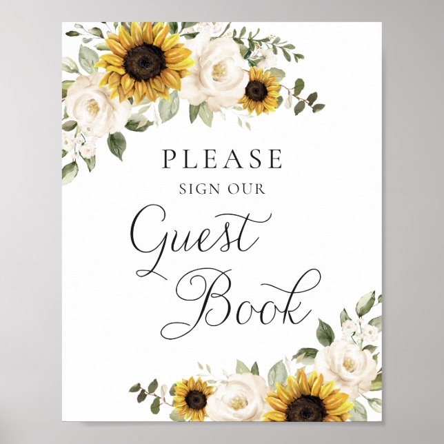 Sunflowers Greenery Floral Wedding Guest Book Sign (Front)