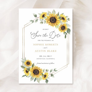 Sunflowers Greenery Geometric Gold Save the Date Invitation