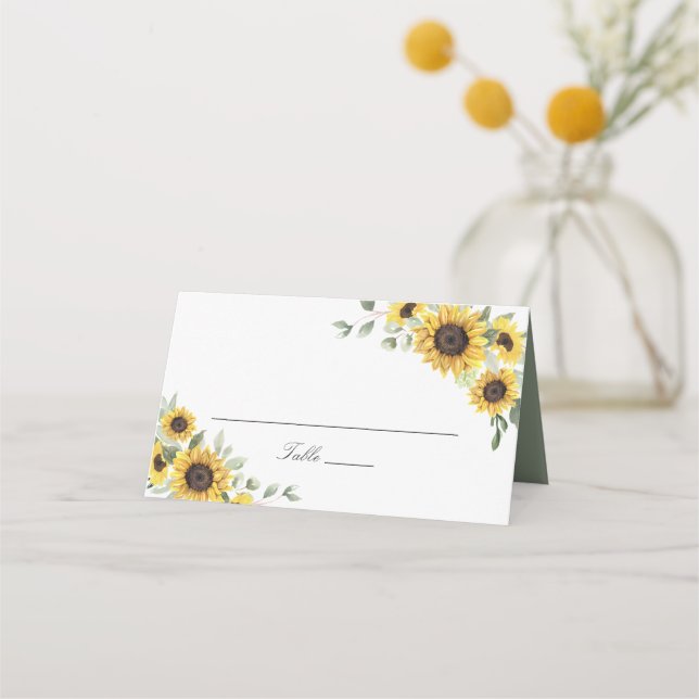 Sunflowers Greenery Leaves Wedding Table Place Card (Front)