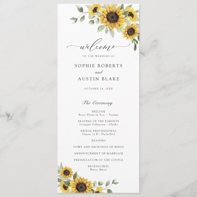 Sunflowers Greenery Olive Leaves Rustic Wedding Program (Front)