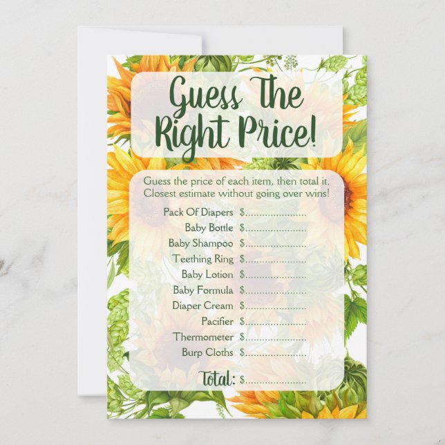 Sunflowers Guess The Price Baby Shower Game Invitation (Front)