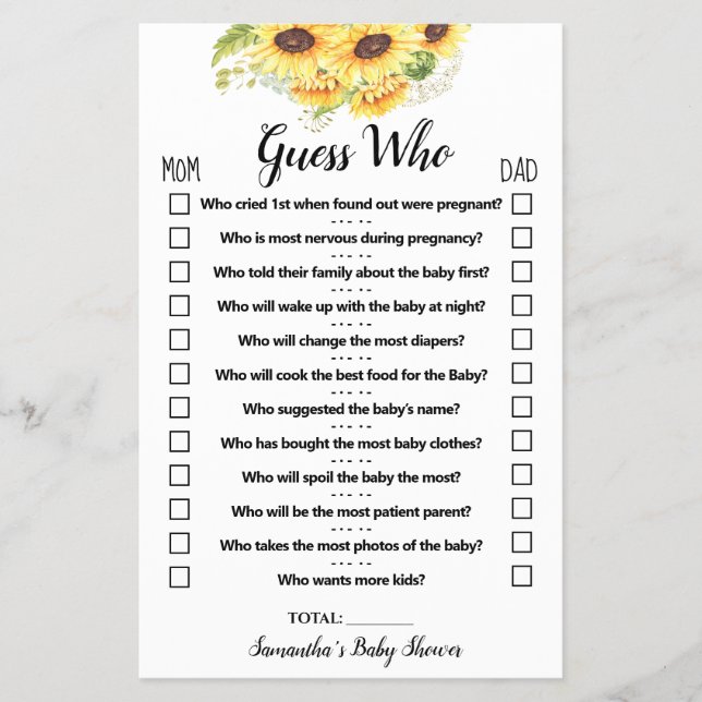 Sunflowers Guess Who Baby Shower Game Card (Front)