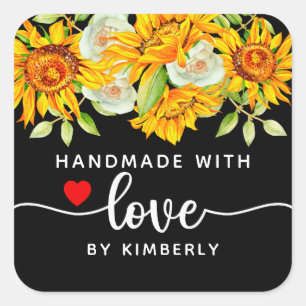 Sunflowers Handmade with Love Black Square Sticker