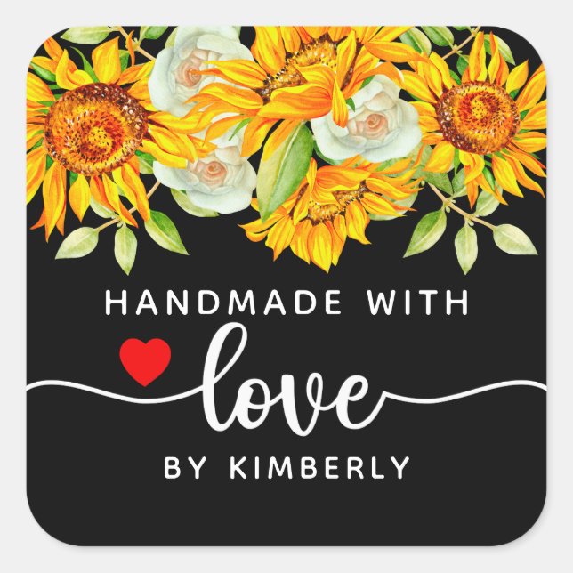 Sunflowers Handmade with Love Black Square Sticker (Front)