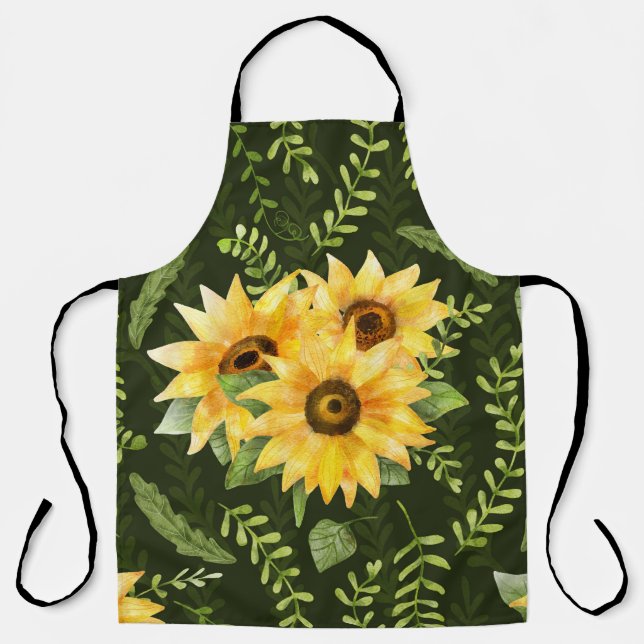 Sunflowers Herbs Leaves Watercolor Pattern Apron (Front)