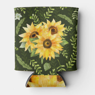 Sunflowers Herbs Leaves Watercolor Pattern Can Cooler