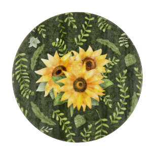 Sunflowers Herbs Leaves Watercolor Pattern Cutting Board