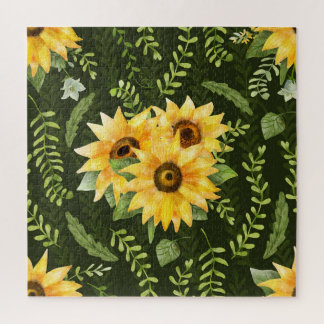 Sunflowers Herbs Leaves Watercolor Pattern Jigsaw Puzzle