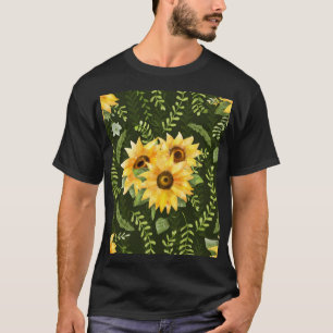 Sunflowers Herbs Leaves Watercolor Pattern T-Shirt