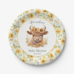 Sunflowers Highland Cow Baby Shower Paper Plate