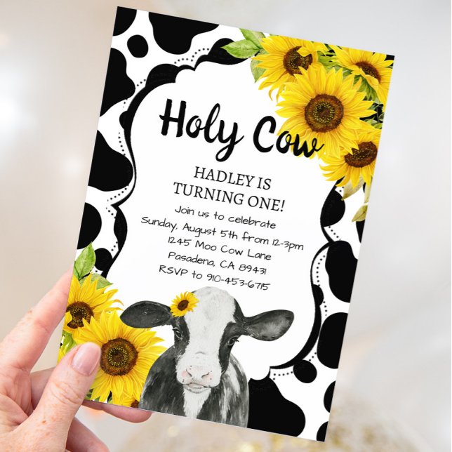 Sunflowers Holy Cow I'm One Girl First Birthday Invitation (Creator Uploaded)