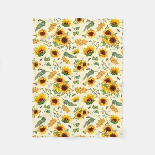 Sunflowers Honey Bees Yellow Floral Fleece Blanket (Front)