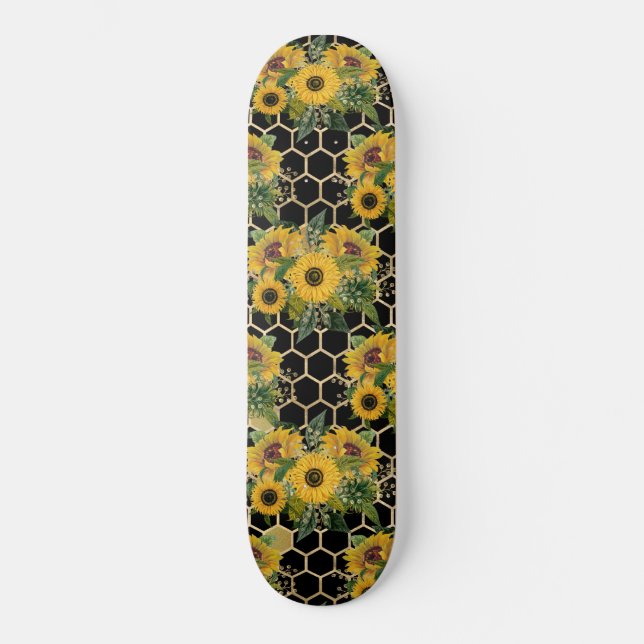 Sunflowers Honeycomb Floral Pattern Black Skateboard (Front)