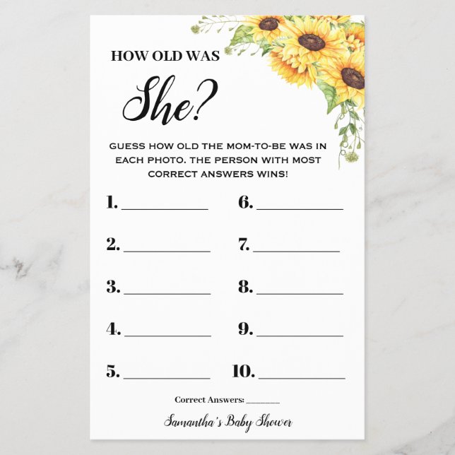 Sunflowers How old was She Baby Shower Game card (Front)