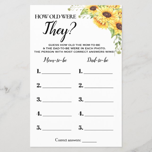 Sunflowers How Old Were They Baby Shower Game Card (Front)