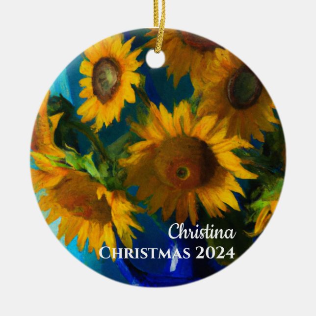 Sunflowers.in a Blue Vase personalised Ornament (Front)