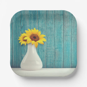Sunflowers in a vase      paper plate