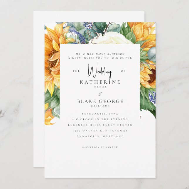 Sunflowers in Bloom White Wedding  Invitation (Front/Back)