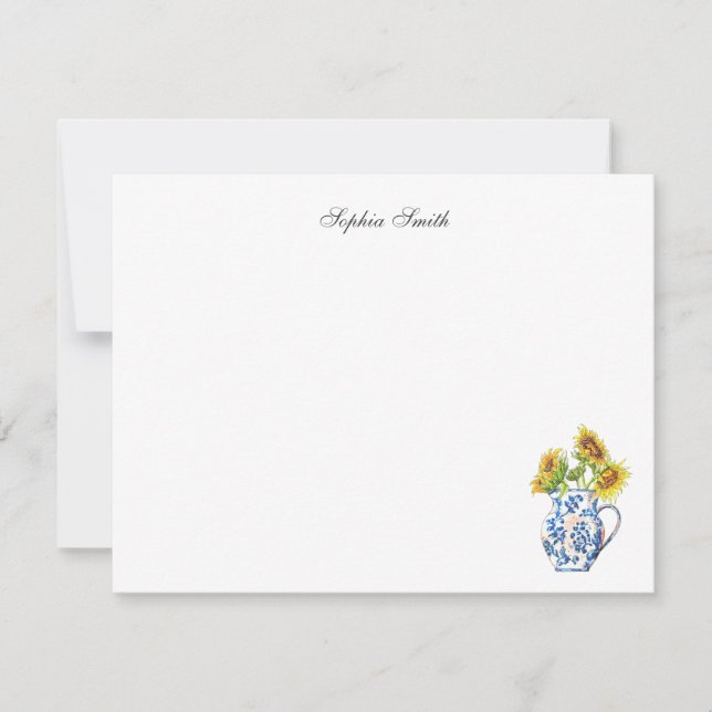 Sunflowers in Blue and White Jug flat note card (Front)