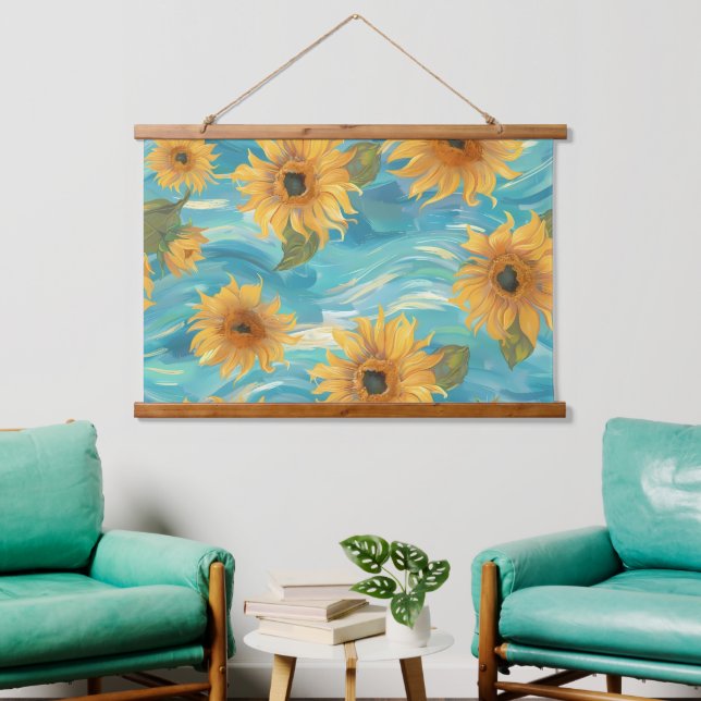 Sunflowers In Blue Hanging Tapestry (Living Room)