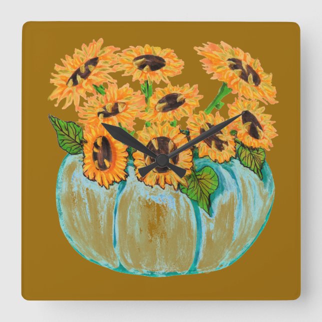 sunflowers in blue pumpkin vase clock (Front)
