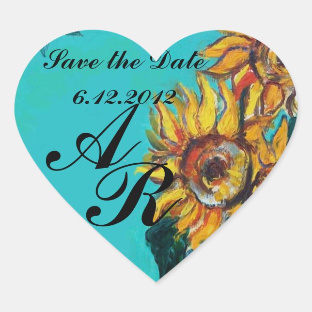 SUNFLOWERS IN BLUE TEAL Save Date Heart Monogram Heart Sticker (Front)