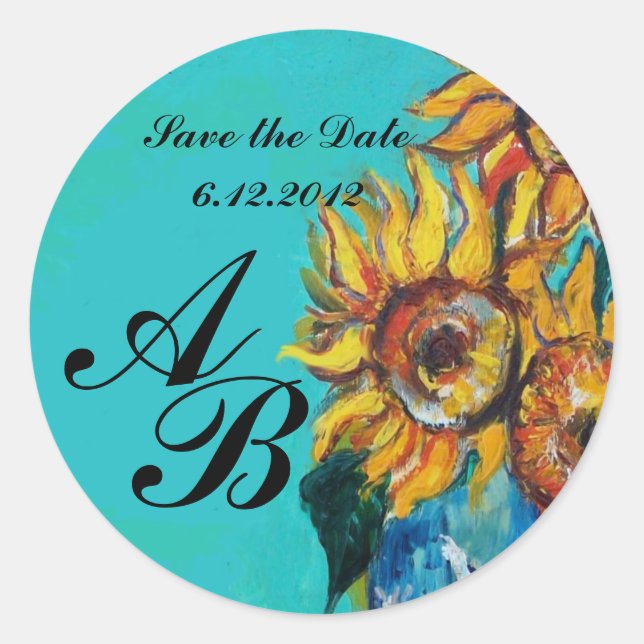 SUNFLOWERS IN BLUE TEAL Save the Date Monogram Classic Round Sticker (Front)